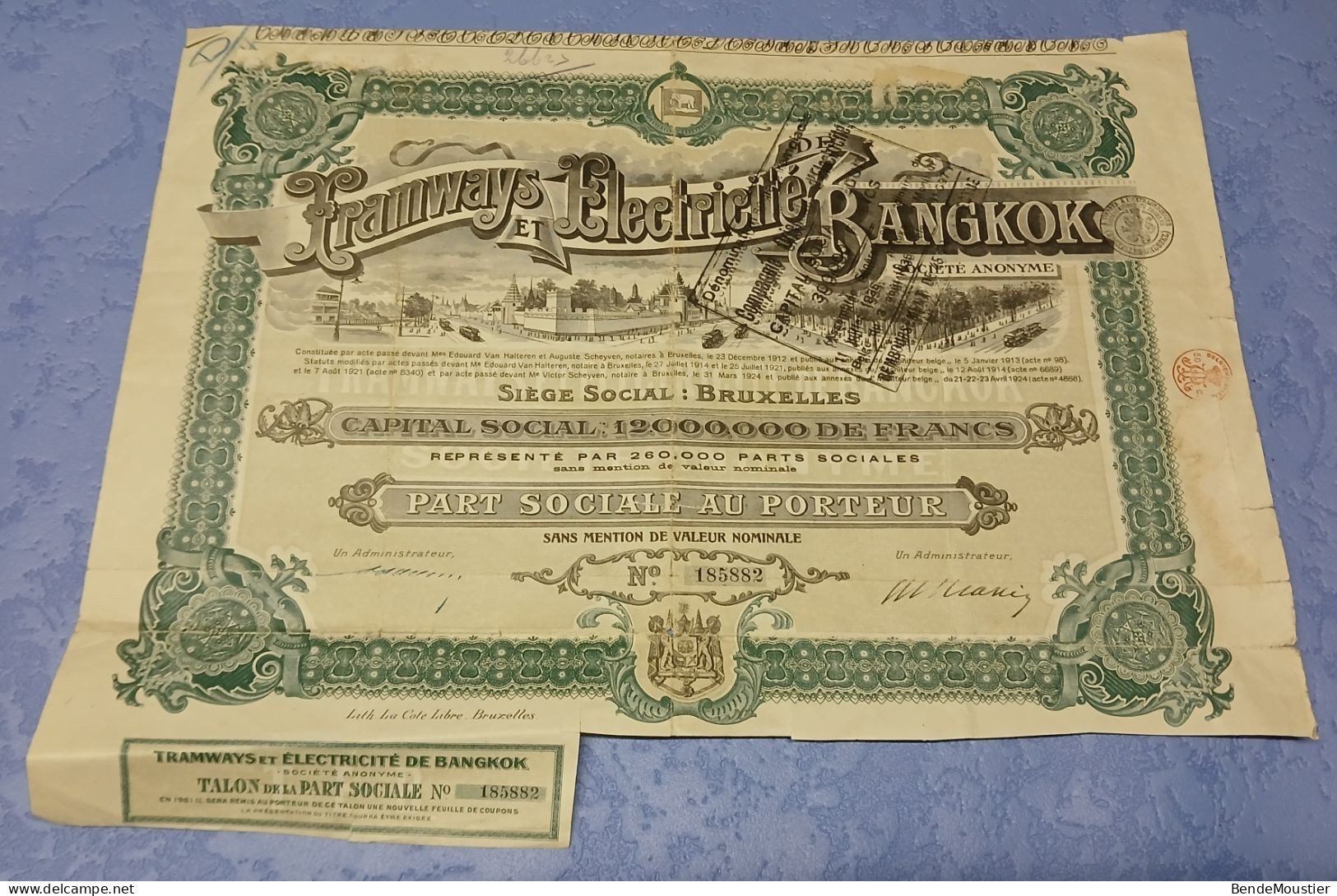 Tramways Et Electricité De Bangkok S.A. - Part Sociale Au Porteur Sans Mention De Valeur Nominale - Brussels 1924. - Railway & Tramway