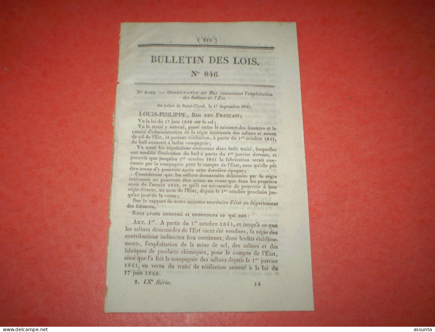 Bulletin Des Lois Concernant L'exploitation Des Salines De L'Est; Crédit Pour Dépenses Du Recensement De La Matière Imp - Gesetze & Erlasse