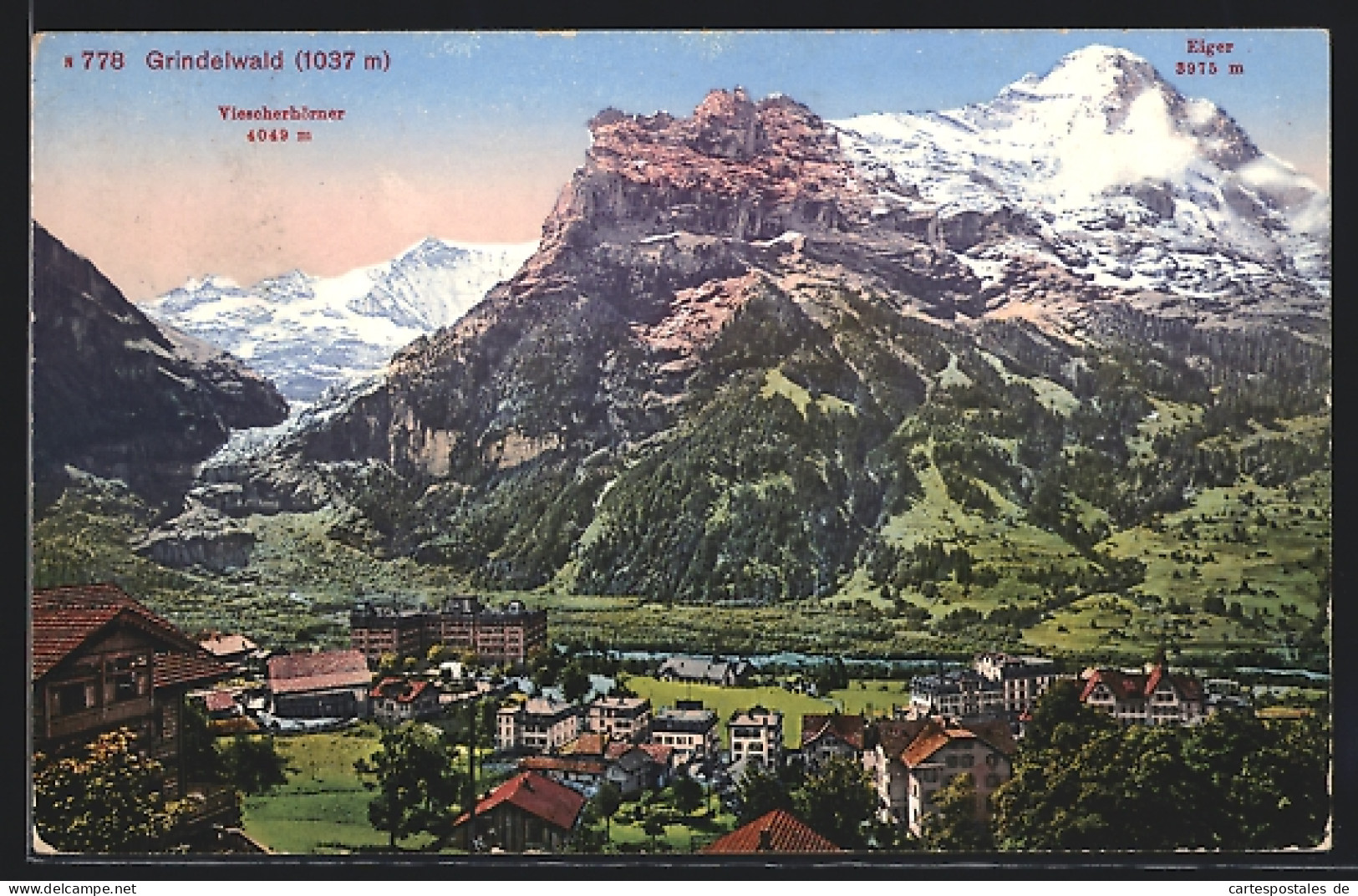 AK Grindelwald, Ortsansicht Mit Viescherhörner Und Eiger  - Grindelwald