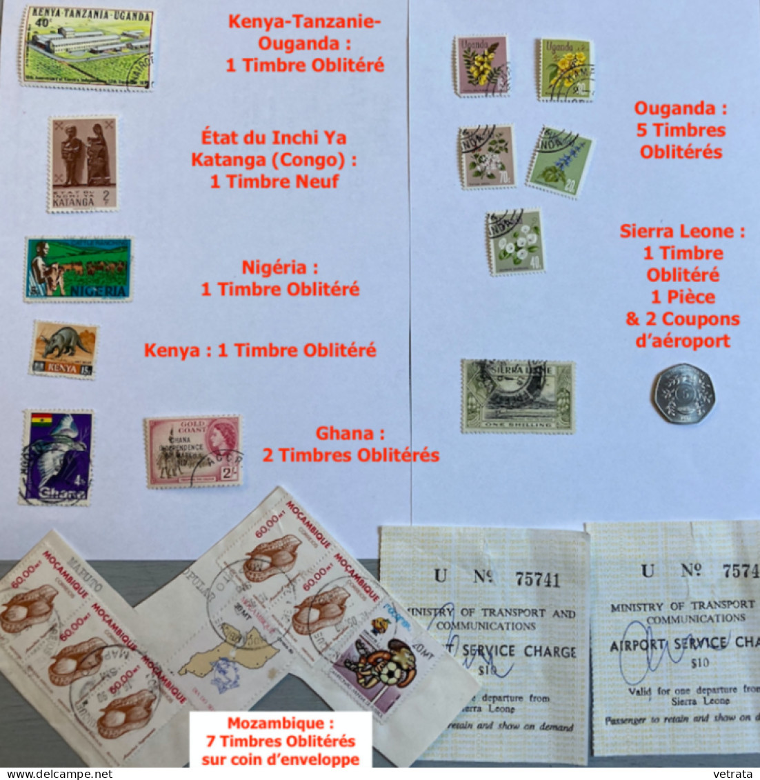 AFRIQUE : 3 Cartes (Afrique De L’Ouest-Sierra Léone-Kenya) & 1 Guide (West Africa) / 1 Revue (Géo) / 73 Timbres / 3 Bill - Non Classés