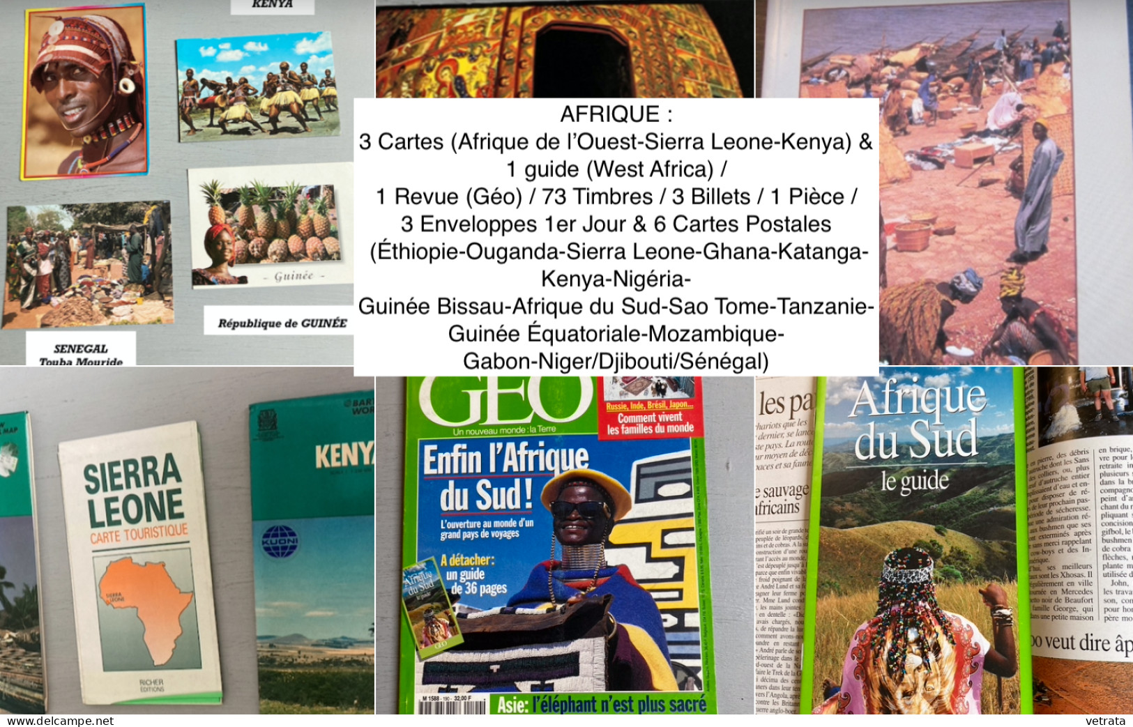 AFRIQUE : 3 Cartes (Afrique de l’Ouest-Sierra Léone-Kenya) & 1 guide (West Africa) / 1 Revue (Géo) / 73 Timbres / 3 Bill