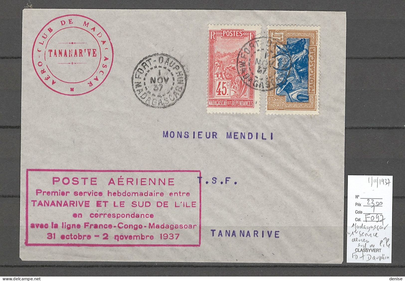 Madagascar - 1er Service Hebdomadaire Tananarive Vers Le Sud De L'Ile -11/1937 - Airmail