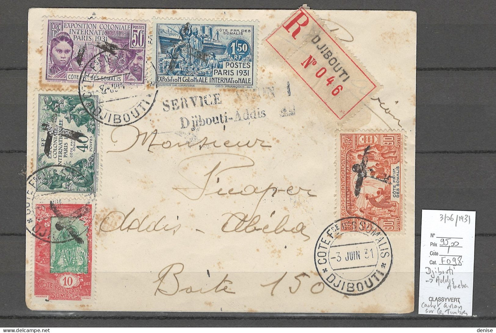 Cote Des Somalis - Djibouti Pour Addis Abeba - Ethiopie - 03/06/1931- 4eme Service - Briefe U. Dokumente