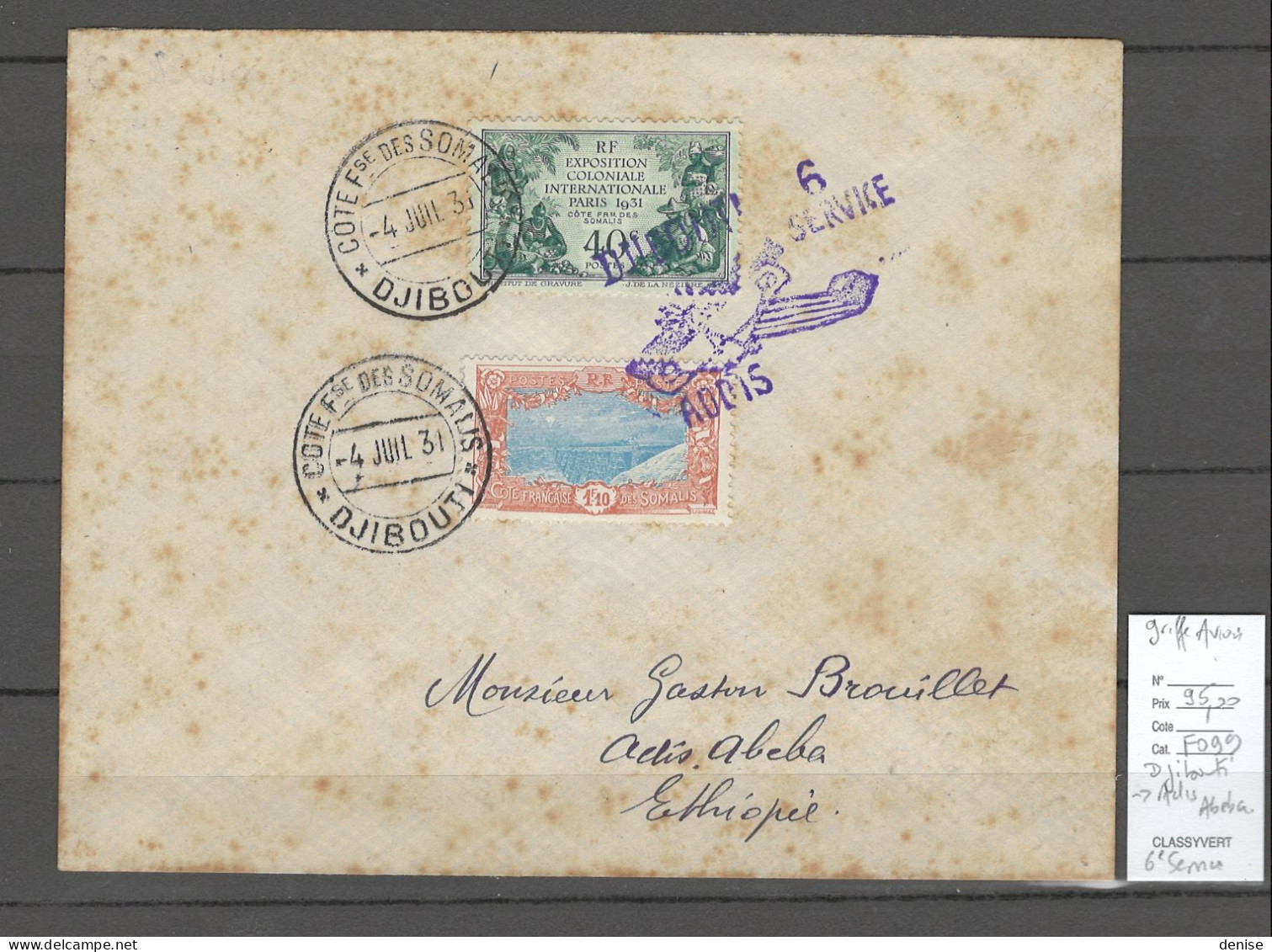 Cote Des Somalis - Djibouti Pour Addis Abeba - Ethiopie  - 04/07/1931- 6eme Service - Lettres & Documents