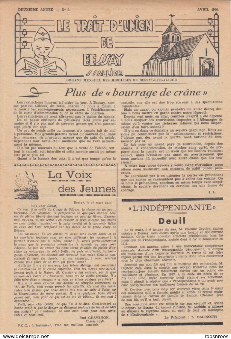 BULLETIN MENSUEL - LE TRAIT D'UNION - ORGANE DES MOBILISES DE BESSAY SUR ALLIER - 1940 - N°6 - 1900 - 1949