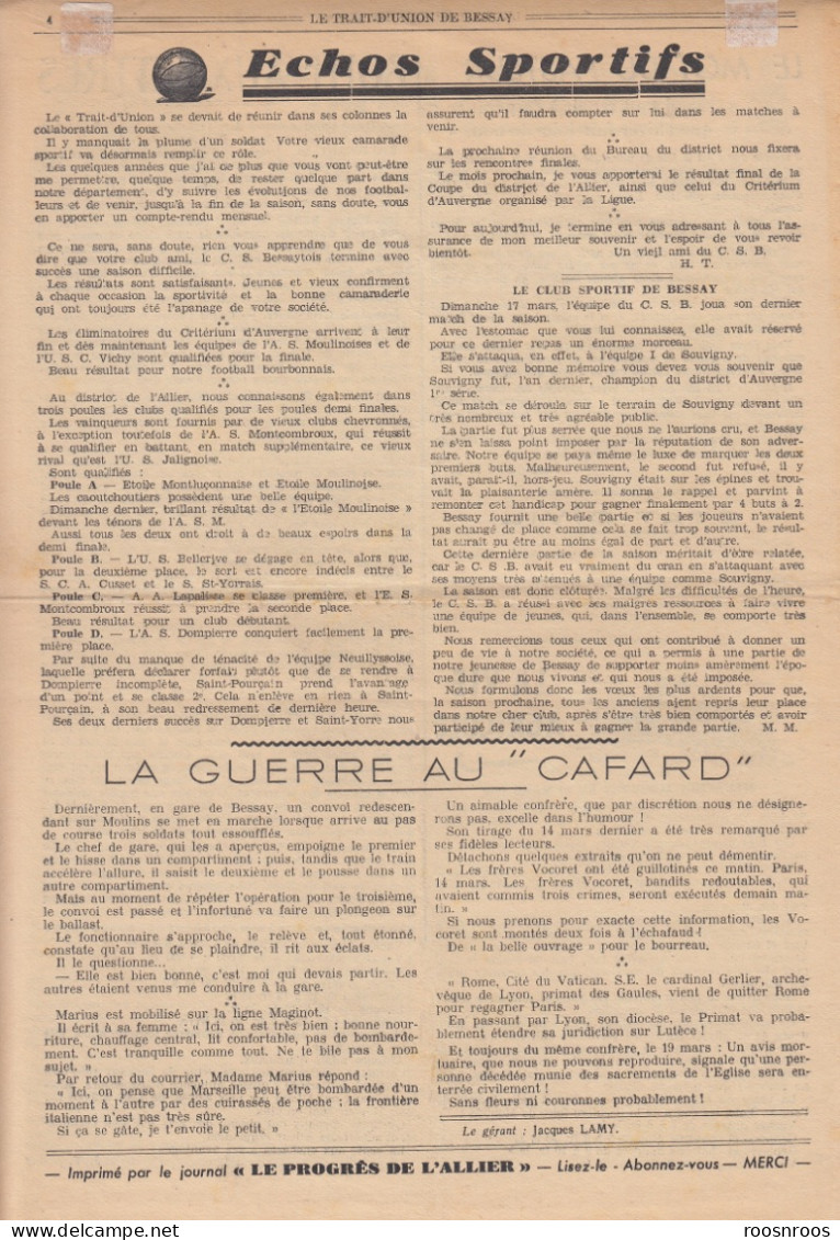 BULLETIN MENSUEL - LE TRAIT D'UNION - ORGANE DES MOBILISES DE BESSAY SUR ALLIER - 1940 - N°6 - 1900 - 1949