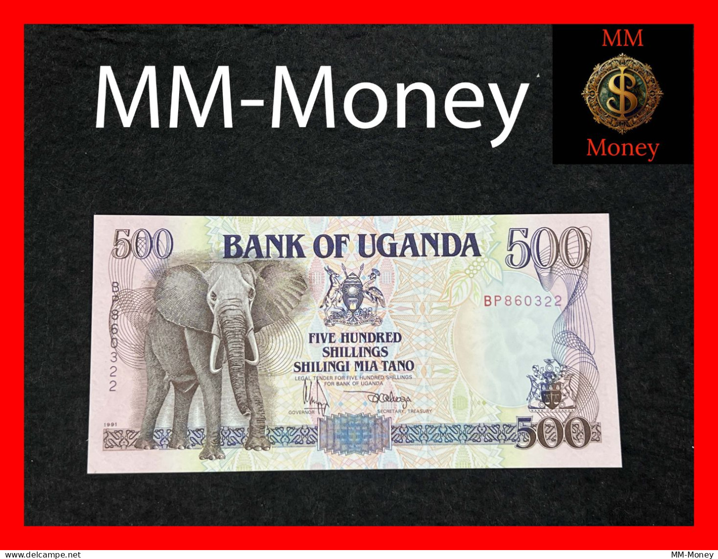 UGANDA  500 Shillings  1991  P. 33 A  *sig.  Governor - Secretary, Treasury*    UNC - Oeganda