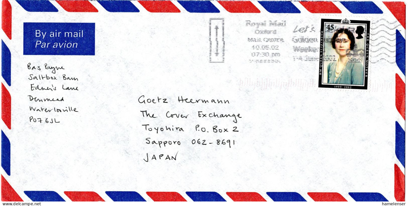 L77217 - Grossbritannien - 2002 - 45p Koeniginmutter EF A LpBf OXFORD - ... -> Japan - Cartas & Documentos