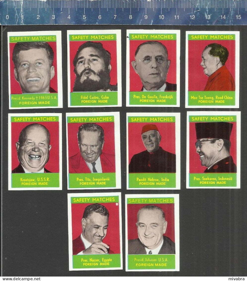 KENNEDY DE GAULLE MAO FIDEL CASTRO KROETSJEW TITO PANDIT NEHROE SOEKARNO NASSER JOHNSON - MATCHBOX LABELS BELGIUM - Cajas De Cerillas - Etiquetas