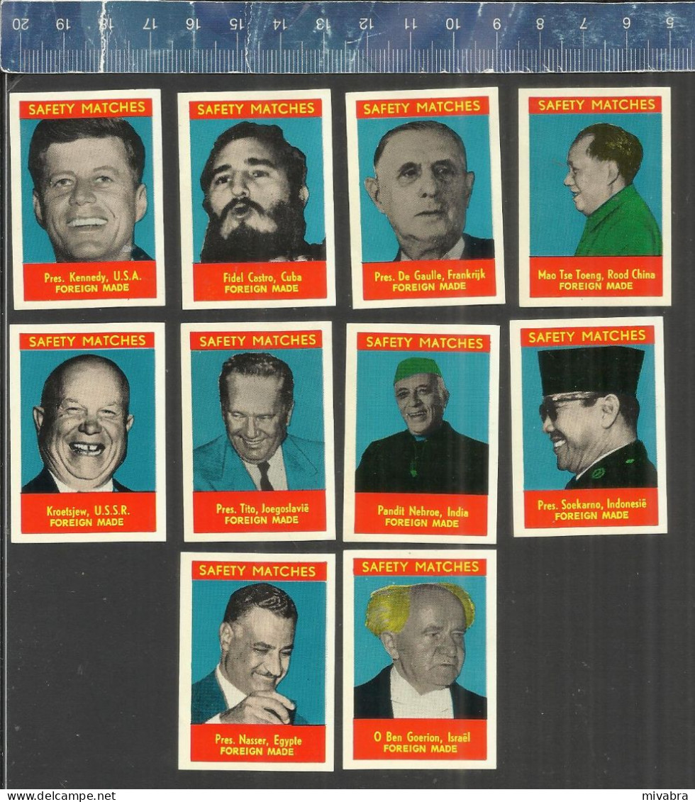 KENNEDY DE GAULLE MAO FIDEL CASTRO KROETSJEW TITO PANDIT NEHROE SOEKARNO NASSER BEN GOERION - MATCHBOX LABELS BELGIUM - Scatole Di Fiammiferi - Etichette