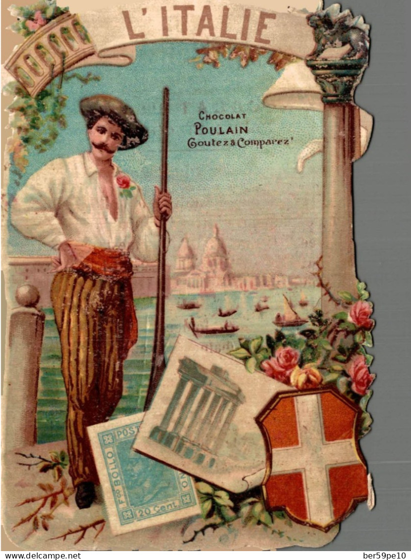 CHROMO DECOUPI CHOCOLAT POULAIN L'ITALIE GONDOLIER MONUMENTS TIMBRE BLASON - Poulain