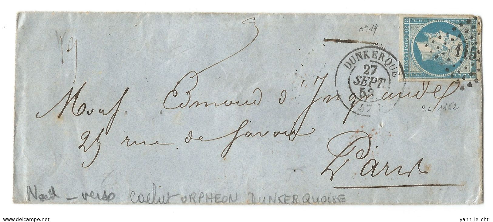 Enveloppe 1858 CAD Dunkerque 59 Type 14 Cachet Orpheon Dunkerquois Pour E. D'Ingrande Compositeur Paris NPAI Inconnu - 1853-1860 Napoleon III