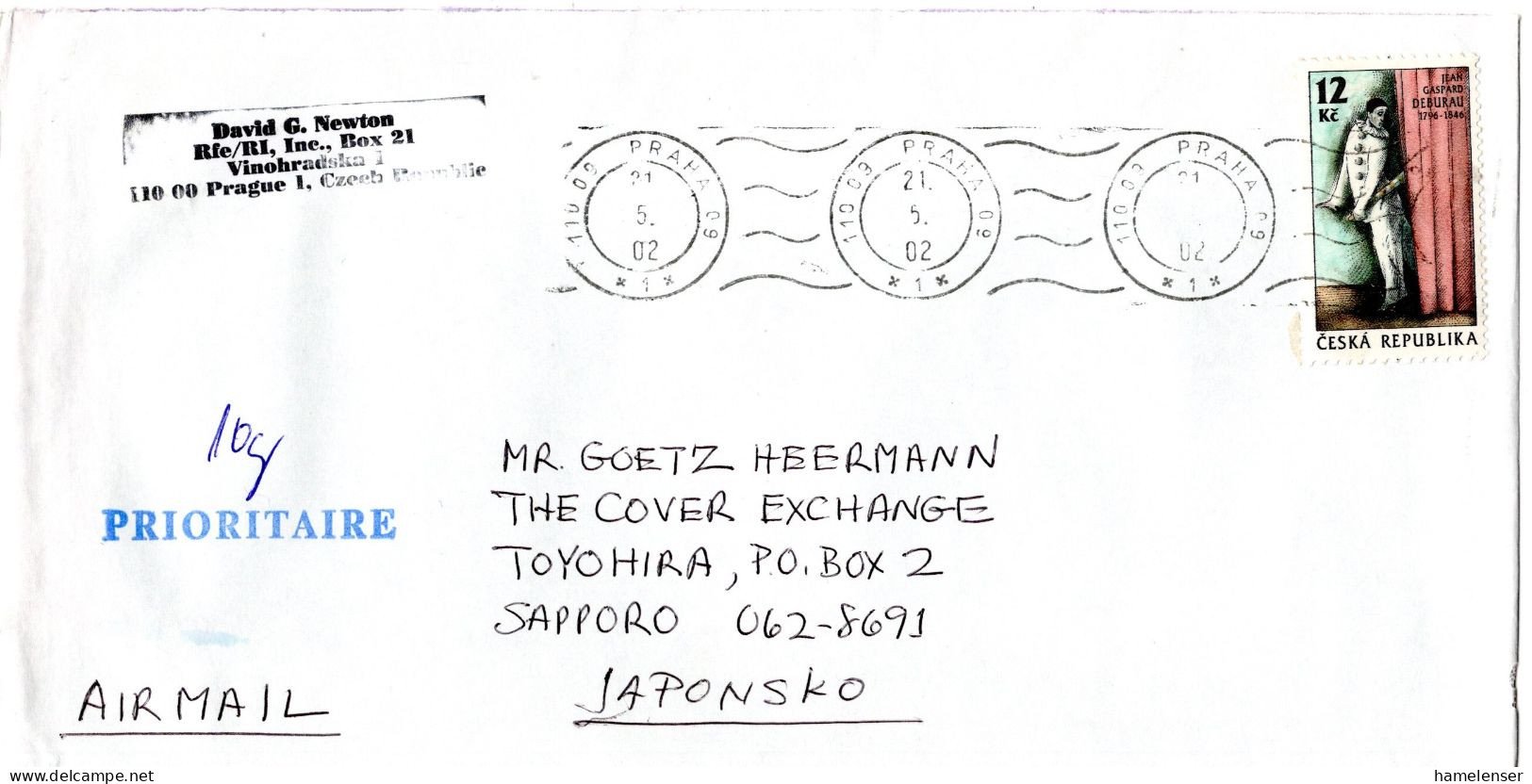 L77221 - Tschechien - 2002 - 12Kc Jean-Gaspard Deburau EF A LpBf PRAHA -> Japan - Cartas & Documentos