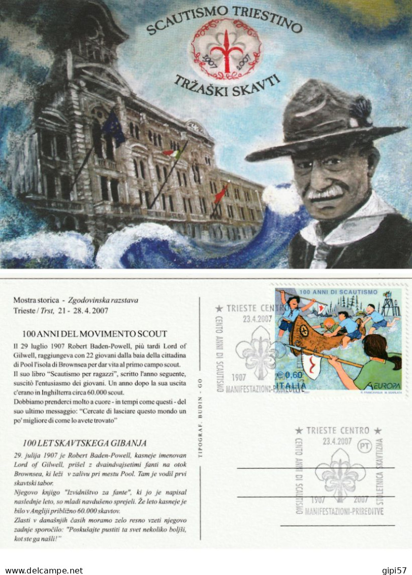 SCOUT CENTENARIO. CARTOLINA CON ANNULLO TRIESTE BILINGUE 2007 - Scouting