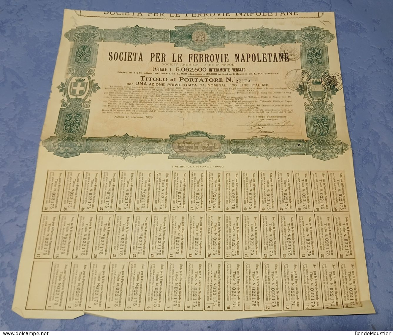 Societa Per Le Ferrovie Napoletane S.A. - Sede In Napoli - Una Azione Privilegiata Da Nominali 100 Lire - Napoli 1926. - Spoorwegen En Trams