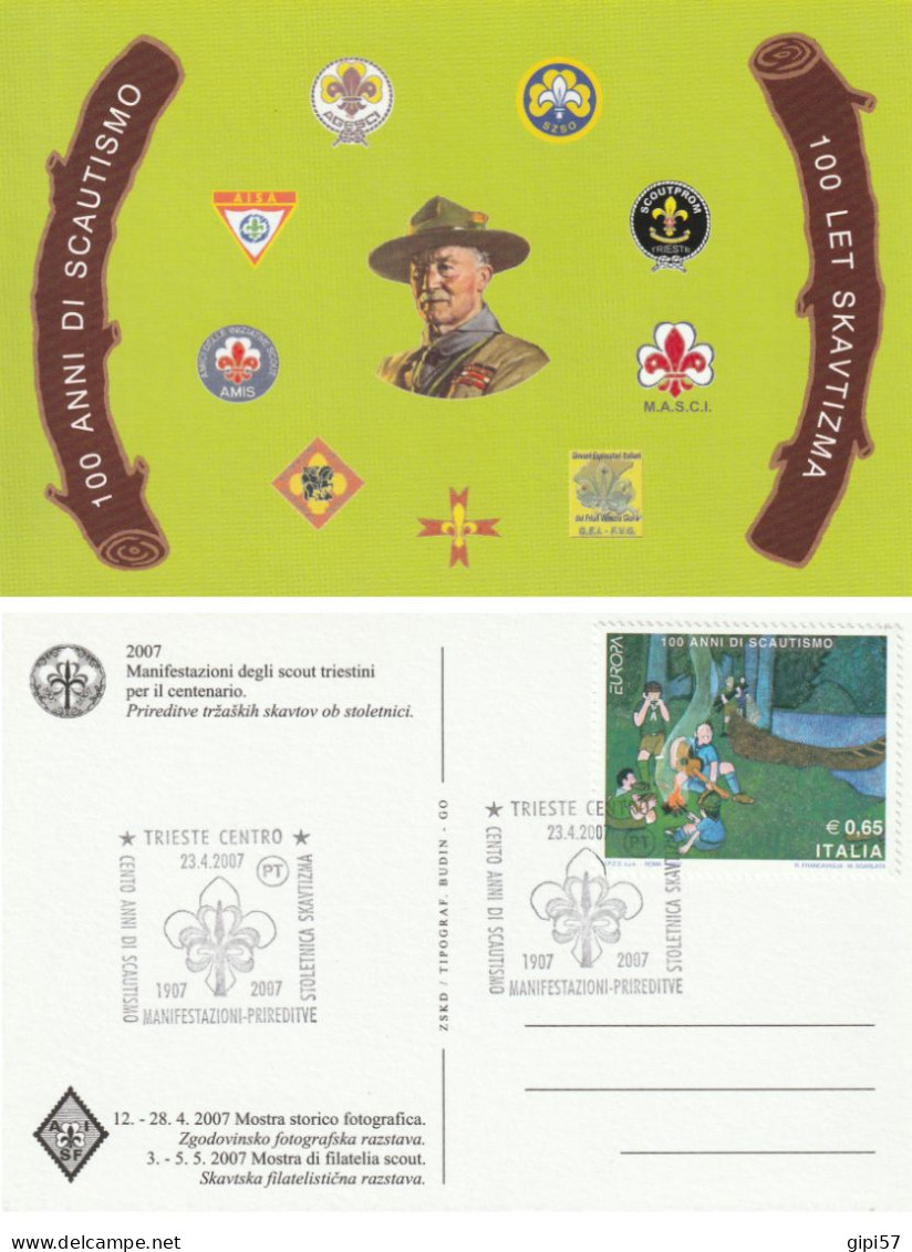 SCOUT CENTENARIO. CARTOLINA CON ANNULLO TRIESTE BILINGUE 2007 - Scoutisme