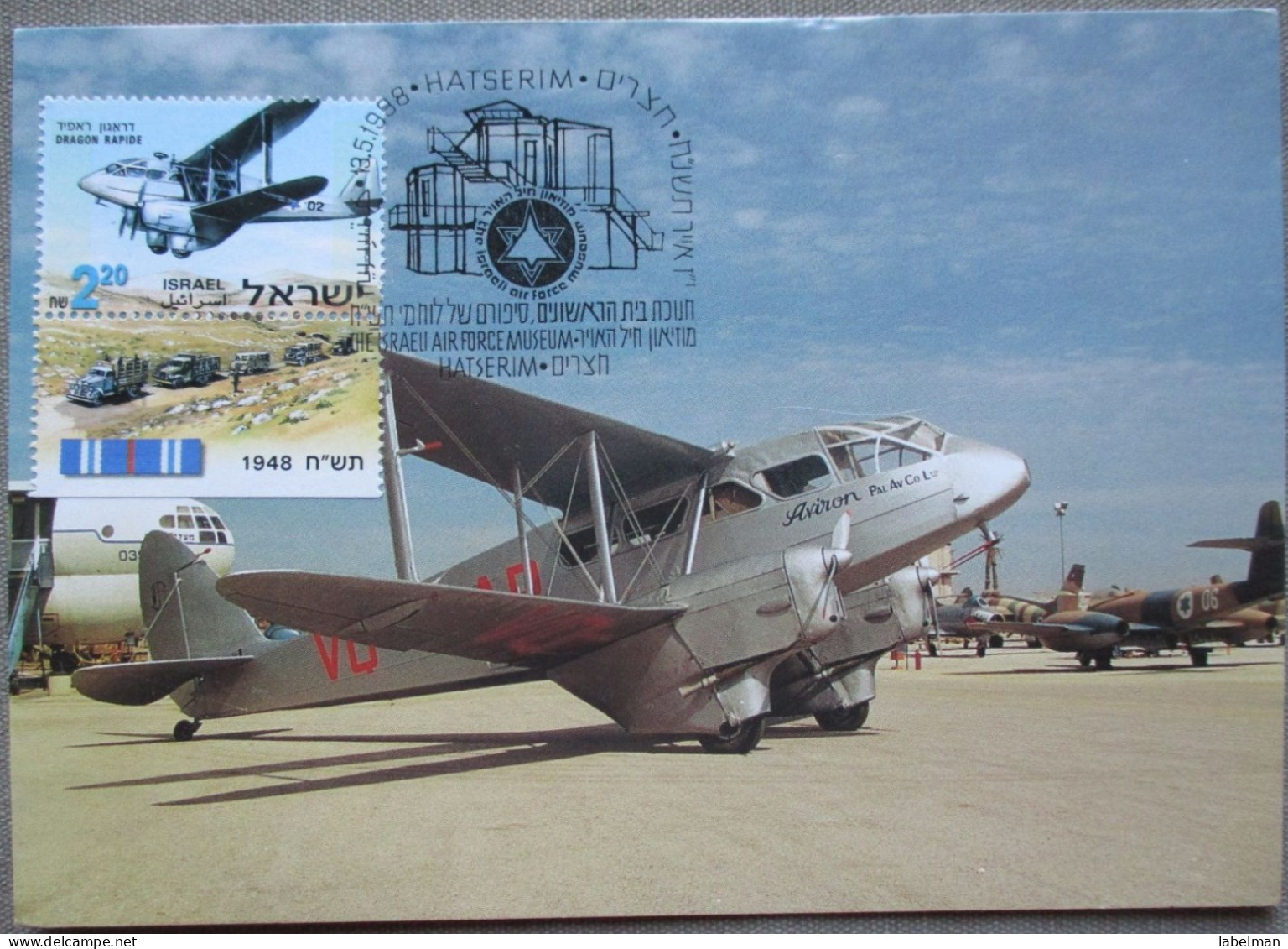 ISRAEL 1998 MAXIMUM CARD POSTCARD DE HAVILLAND DH 89 STAMP POSTAL SERVICES CARTOLINA CARTE POSTALE POSTKARTE CARTOLINA - Maximumkaarten