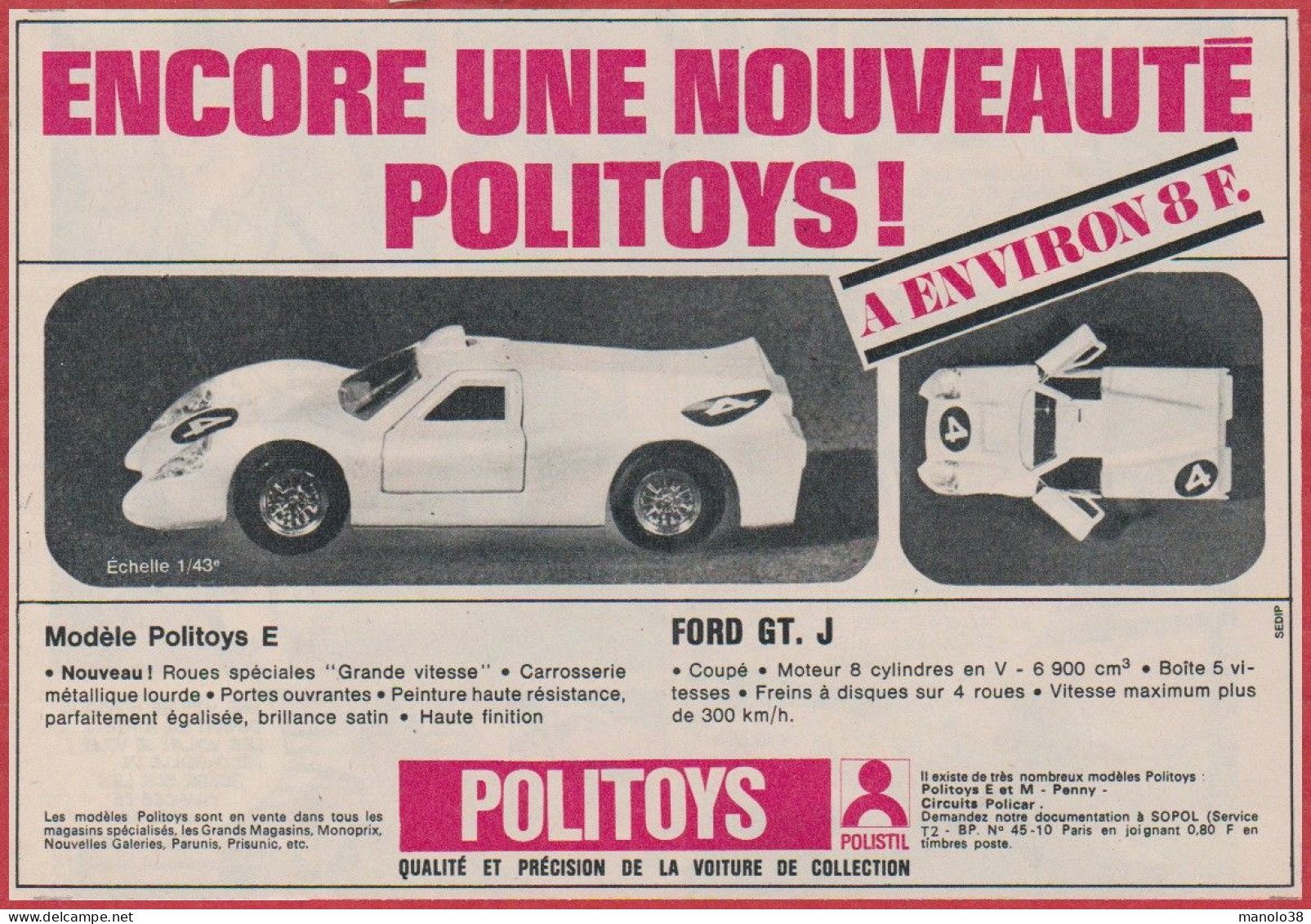 Ford GT J. Politoys. Voiture De Collection Miniature. 1970. - Advertising
