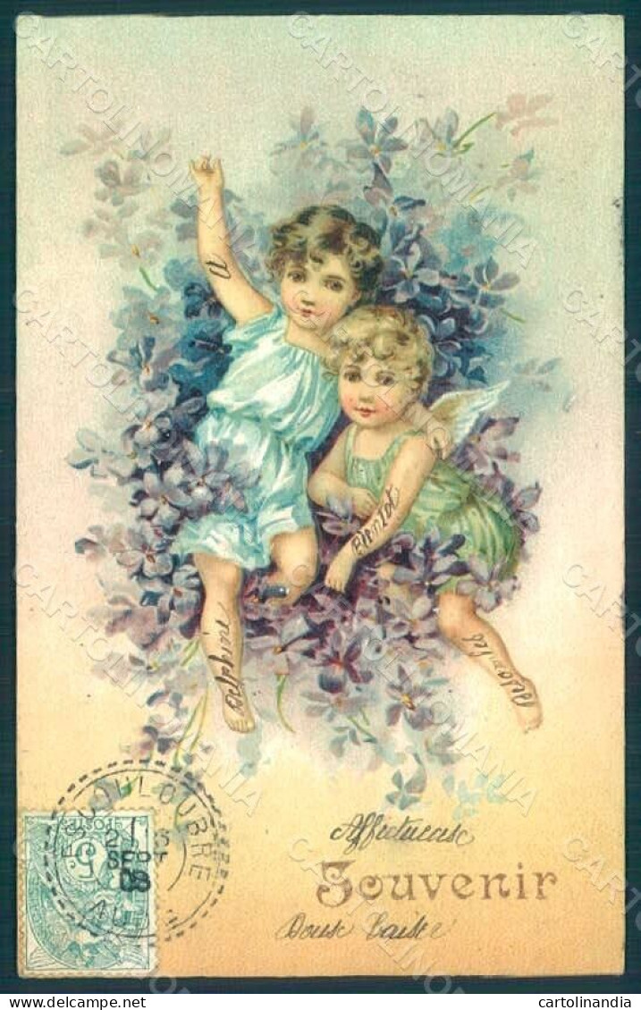 Greetings Angel Putto Violets Flowers Relief Postcard HR0472 - Zonder Classificatie