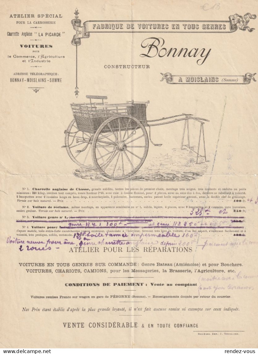 Fattura Comm. - Anno  1901(?)  - Moislains " Ditta Bonnay " Fabbrica Vetture Di Ogni Genere - Cars