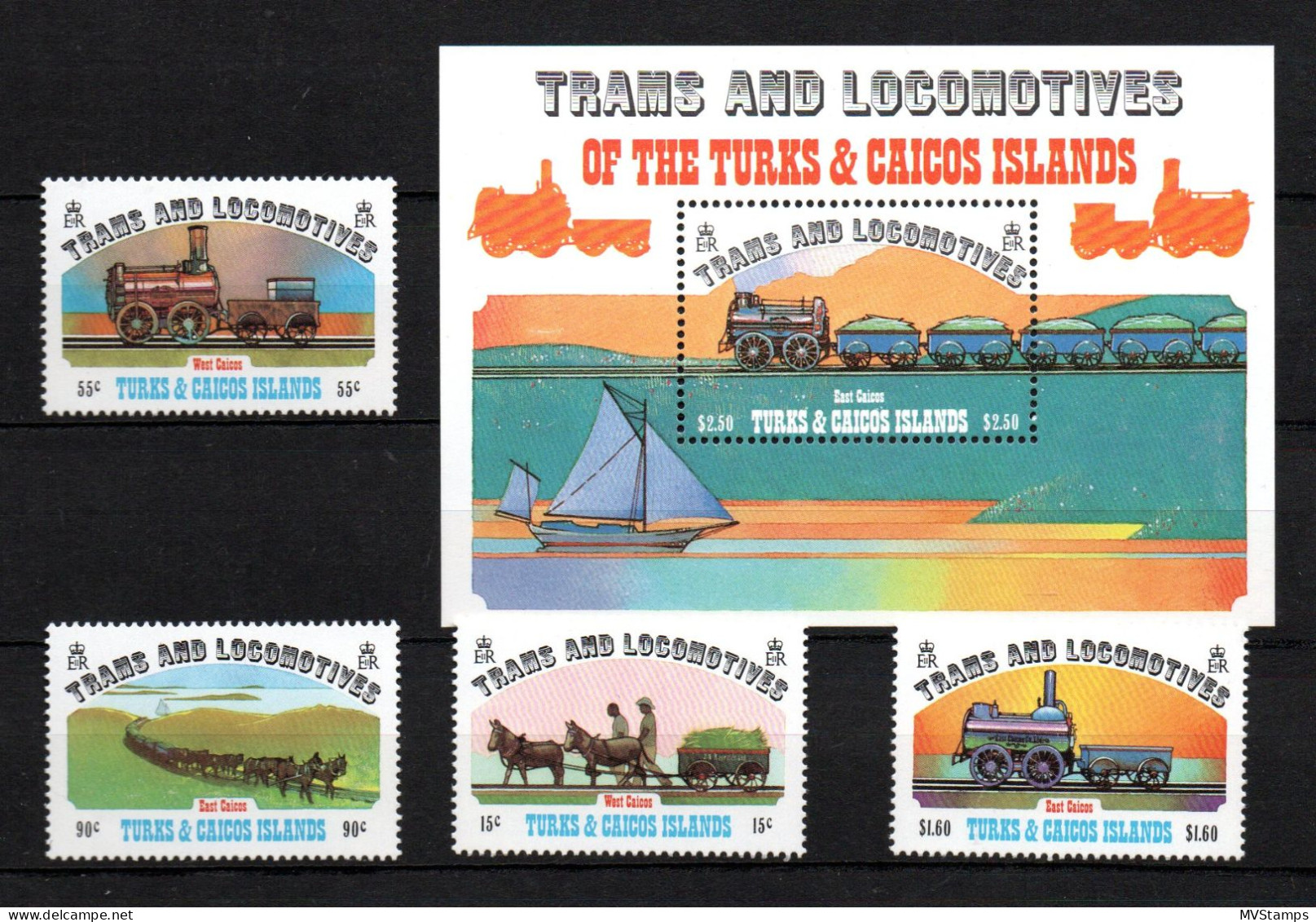 Turks & Caicos 1983 Set Trains/Railroad Stamps (Michel 620/23 +Bl. 42) MNH - Turks E Caicos