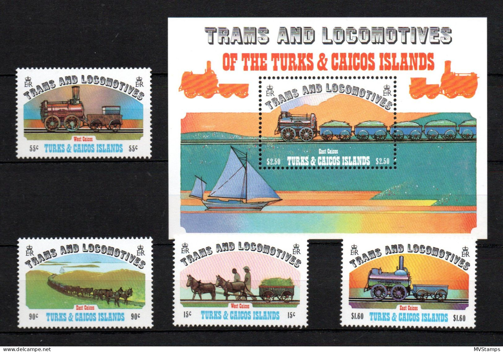 Turks & Caicos 1983 Set Trains/Railroad Stamps (Michel 620/23 +Bl. 42) MNH - Turks & Caicos