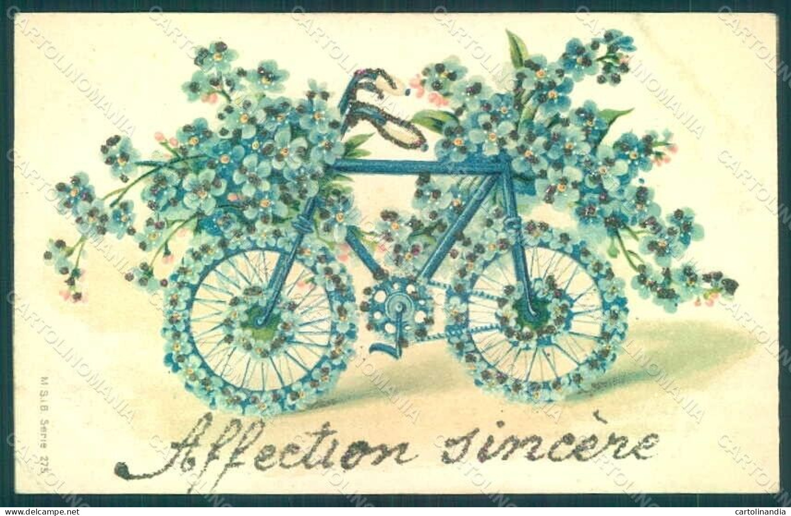 Greetings Flowers Myosotis Bicycle M.S.i.B. 275 WRINKLES Relief Postcard HR0169 - Fleurs