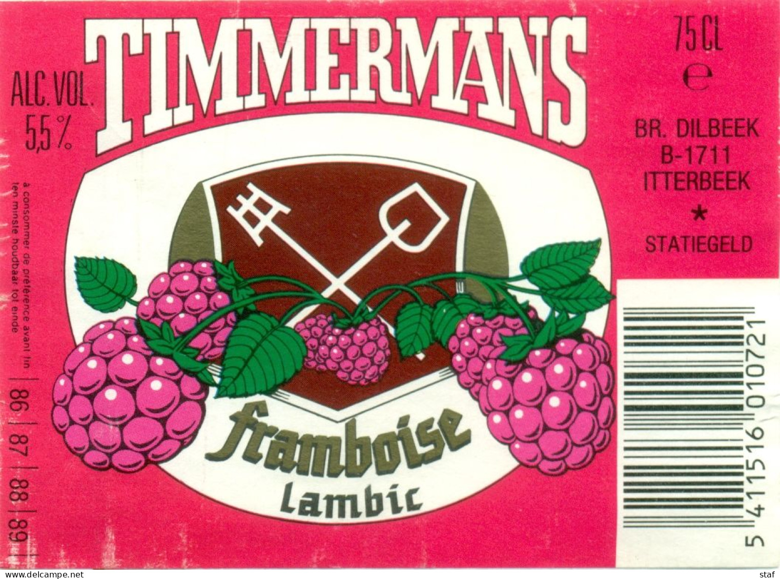 Oud Etiket Bier Framboise Lambic - Brouwerij / Brasserie Timmermans Te Itterbeek - Bière