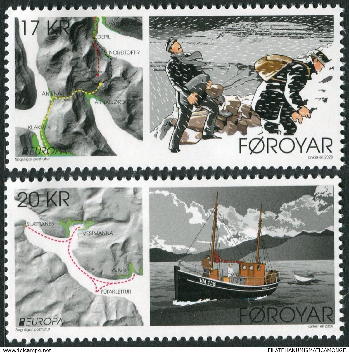  Tema Europa -    CEPT  Feroe 2020 "Antiguas Rutas Postales" (2 Sellos) - Nº975 - Faroe Islands