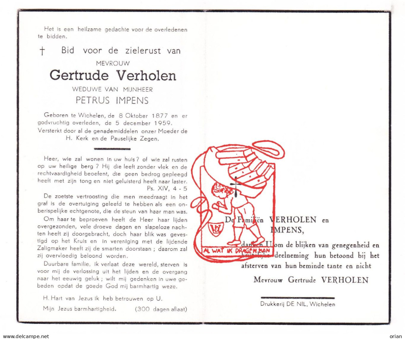 DP Getrude Verholen ° Wichelen 1877 † 1959 X Petrus Impens - Images Religieuses