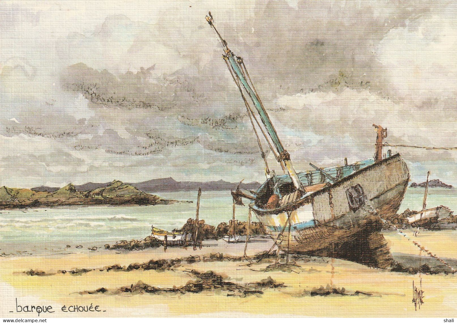 CPSM BARQUE ECHOUEE AQUARELLE ORIGINALE DE ROBERT LEPINE - Paintings