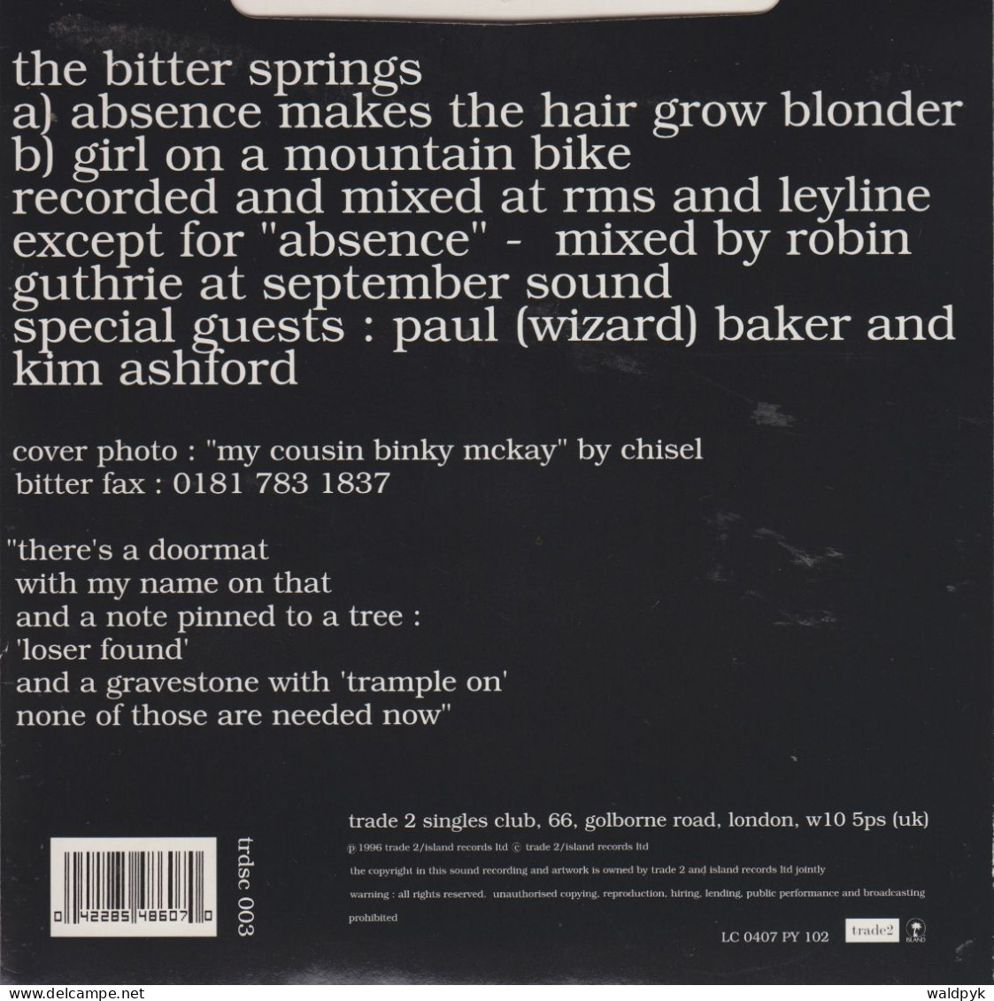 THE BITTER SPRINGS - Absence Makes The Hair Grow Blonder - Otros - Canción Inglesa