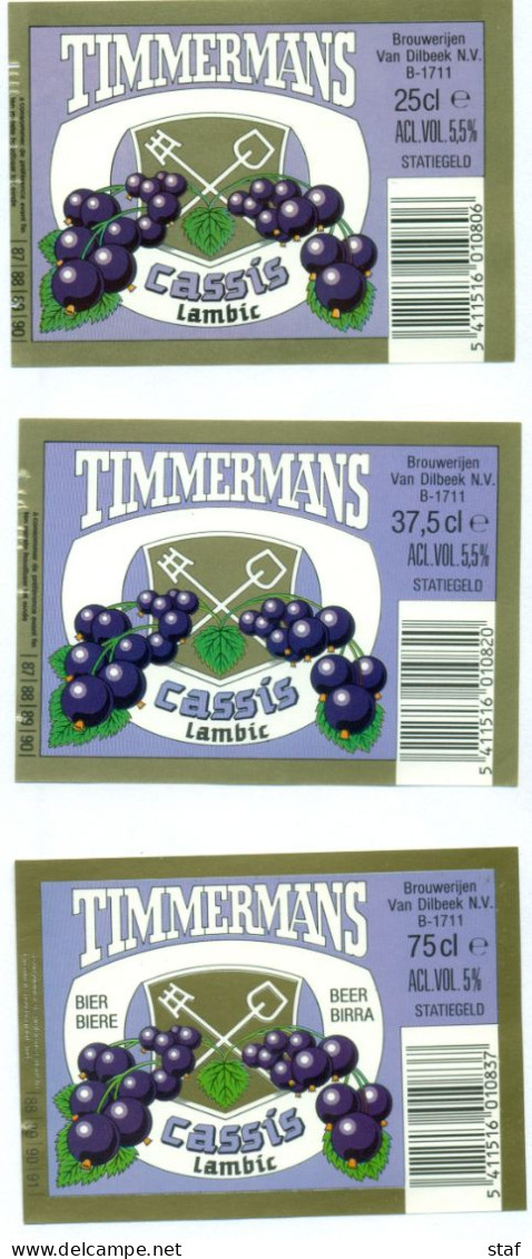 3 Verschillende Oude Etiketten Bier Cassis Lambic 25cl-37,5cl-75cl - Brouwerij / Brasserie Timmermans Te Itterbeek - Bière