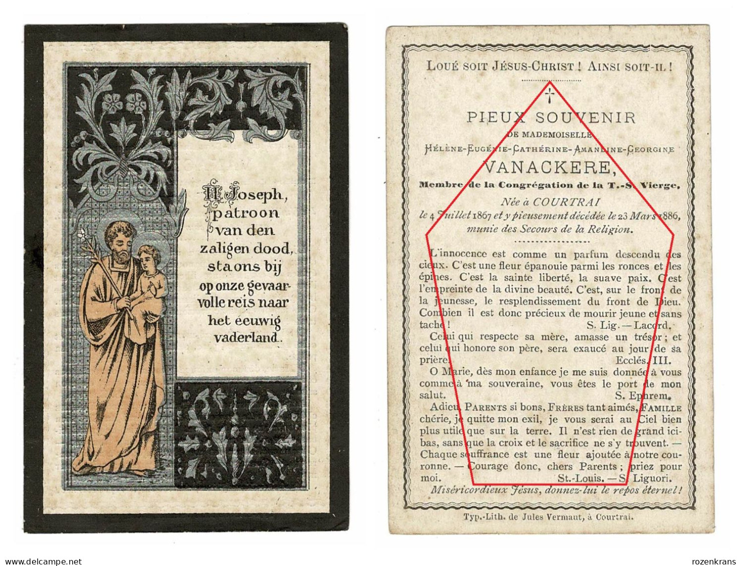 Helene Vanackere Kortrijk Courtrai Zilverdruk Silverprint 1886 Litho Zeer Oud Doodsprentje Bidprentje - Obituary Notices