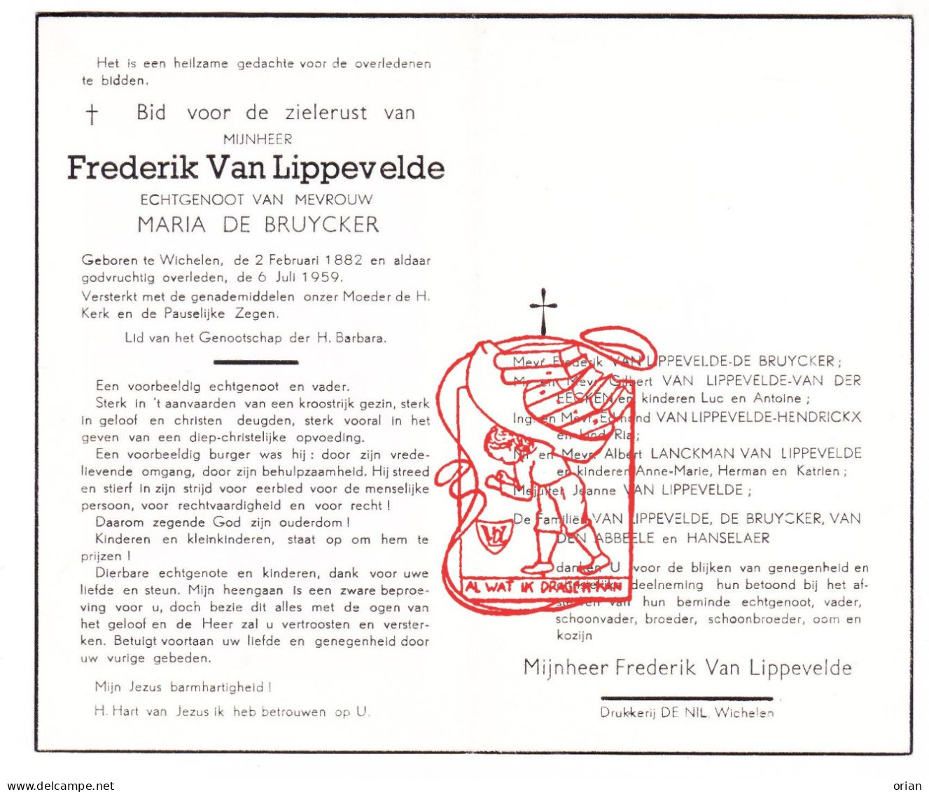 DP Frederik Van Lippevelde ° Wichelen 1882† 1959 De Bruycker Van Der Eecken Hendrickx Lanckman Hanselaer Van Den Abbeele - Images Religieuses