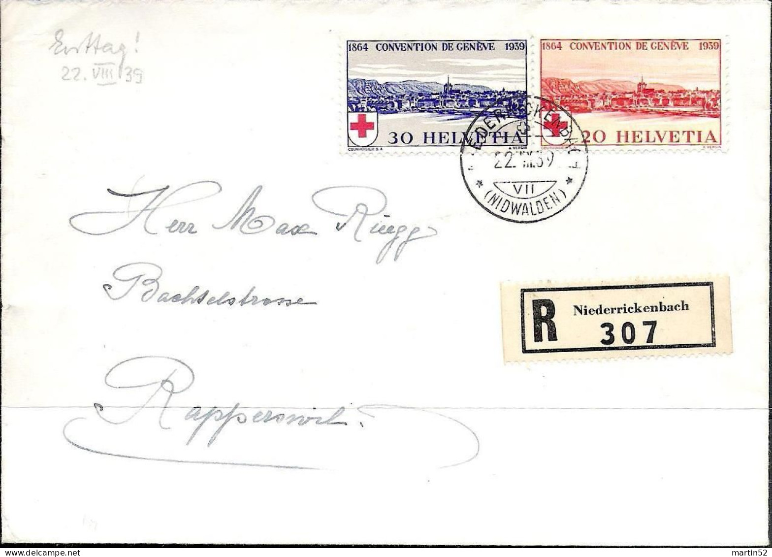 Schweiz Suisse 1939: Rotes Kreuz Zu 240-241 Mi 357-358 Yv 342-343 R-FDC ⊙ NIEDERRICKENBACH 22.VIII.39 (Zu CHF 215.00) - FDC
