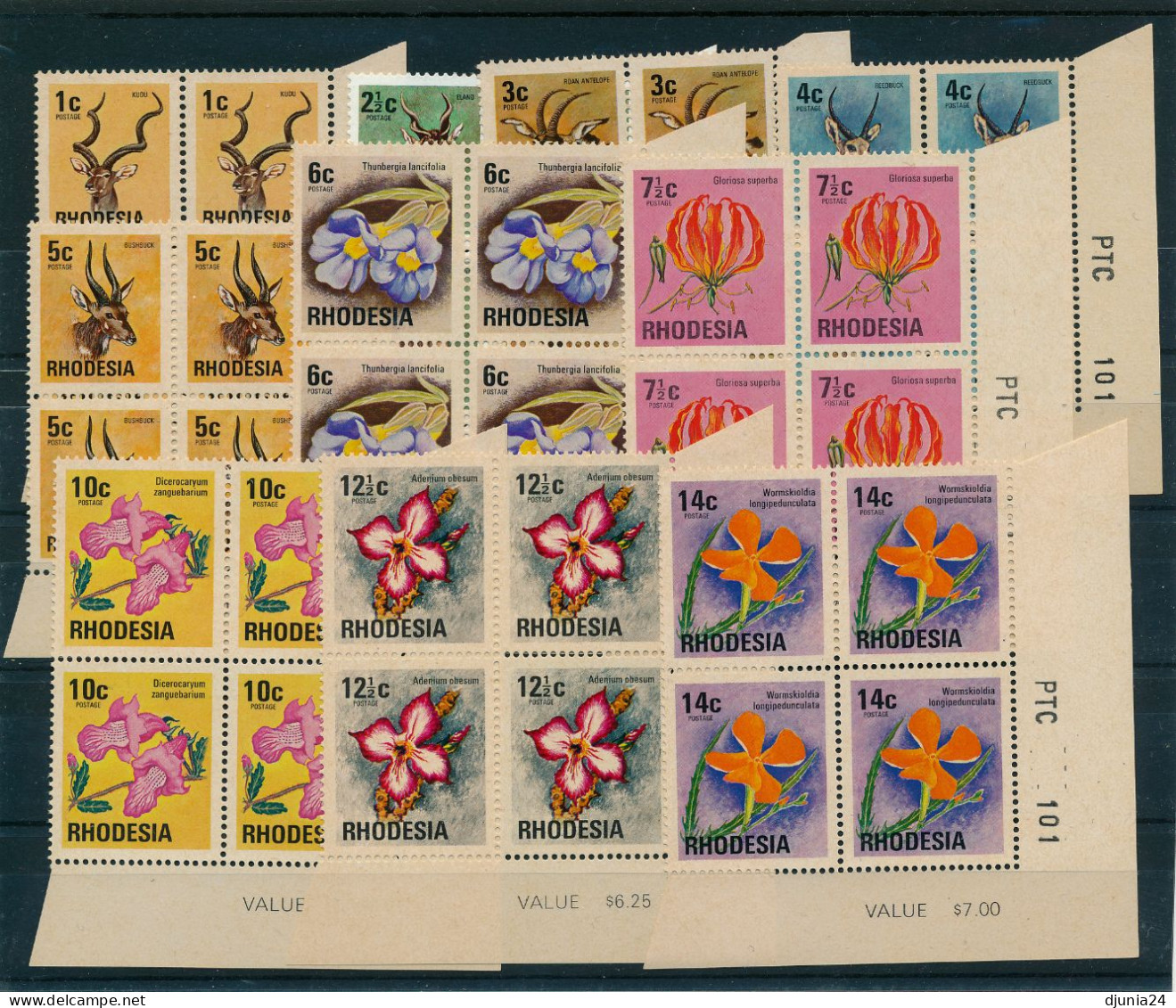 BF0750 / RHODESIA  -  1974  ,  Antilopen ,  Blumen , Schmetterlinge   -   Michel 140-154 In 4-Blöcken ** / MNH - Rhodesia (1964-1980)
