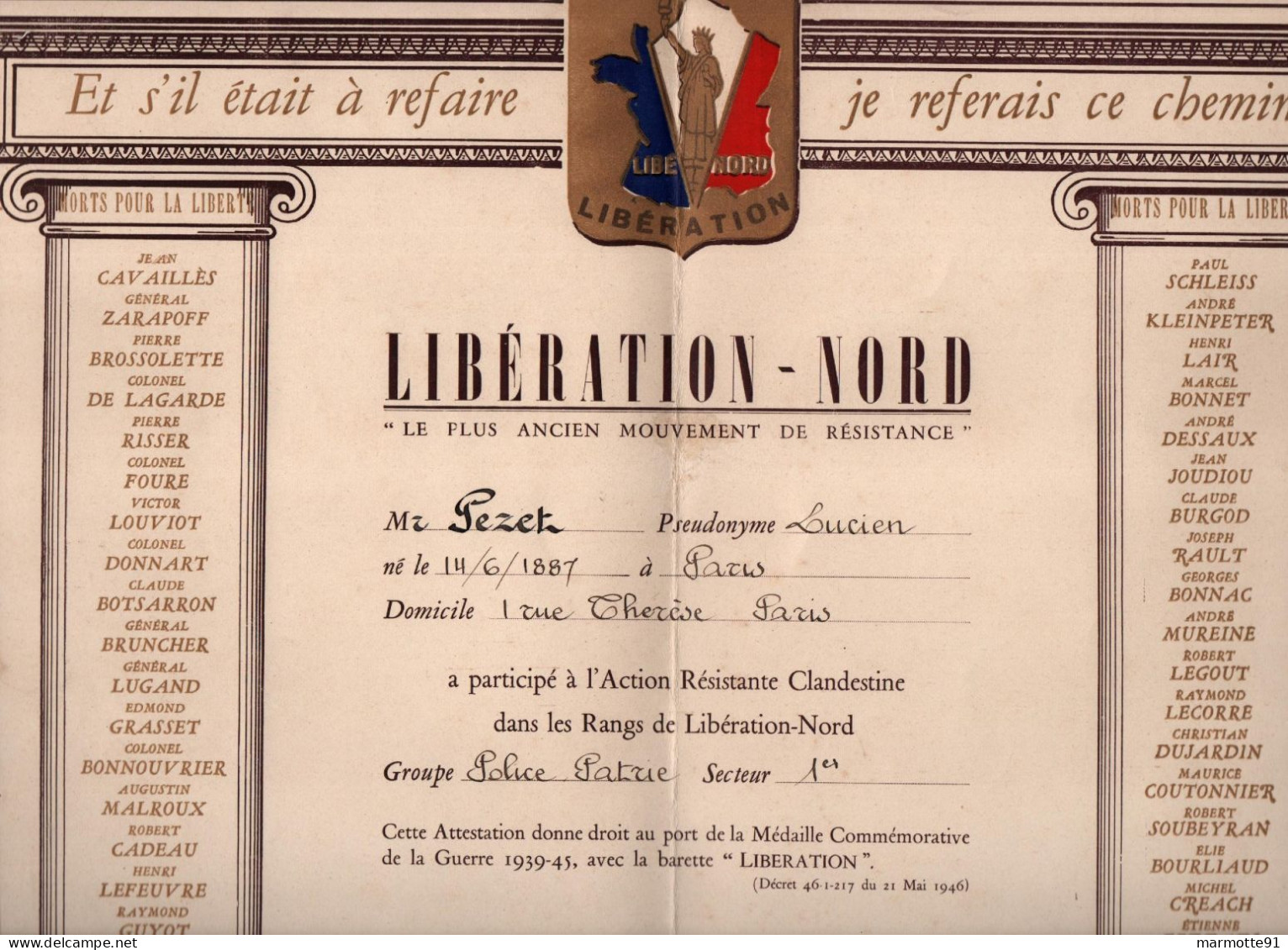 LOT CHEF ILOT DEFENSE PASSIVE PARIS LIBERATION NORD FFI POLICE PATRIE - 1939-45