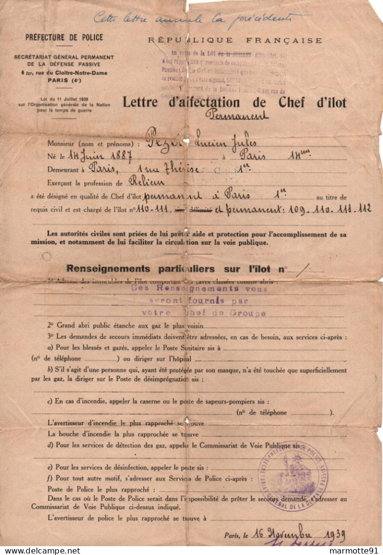 LOT CHEF ILOT DEFENSE PASSIVE PARIS LIBERATION NORD FFI POLICE PATRIE - 1939-45