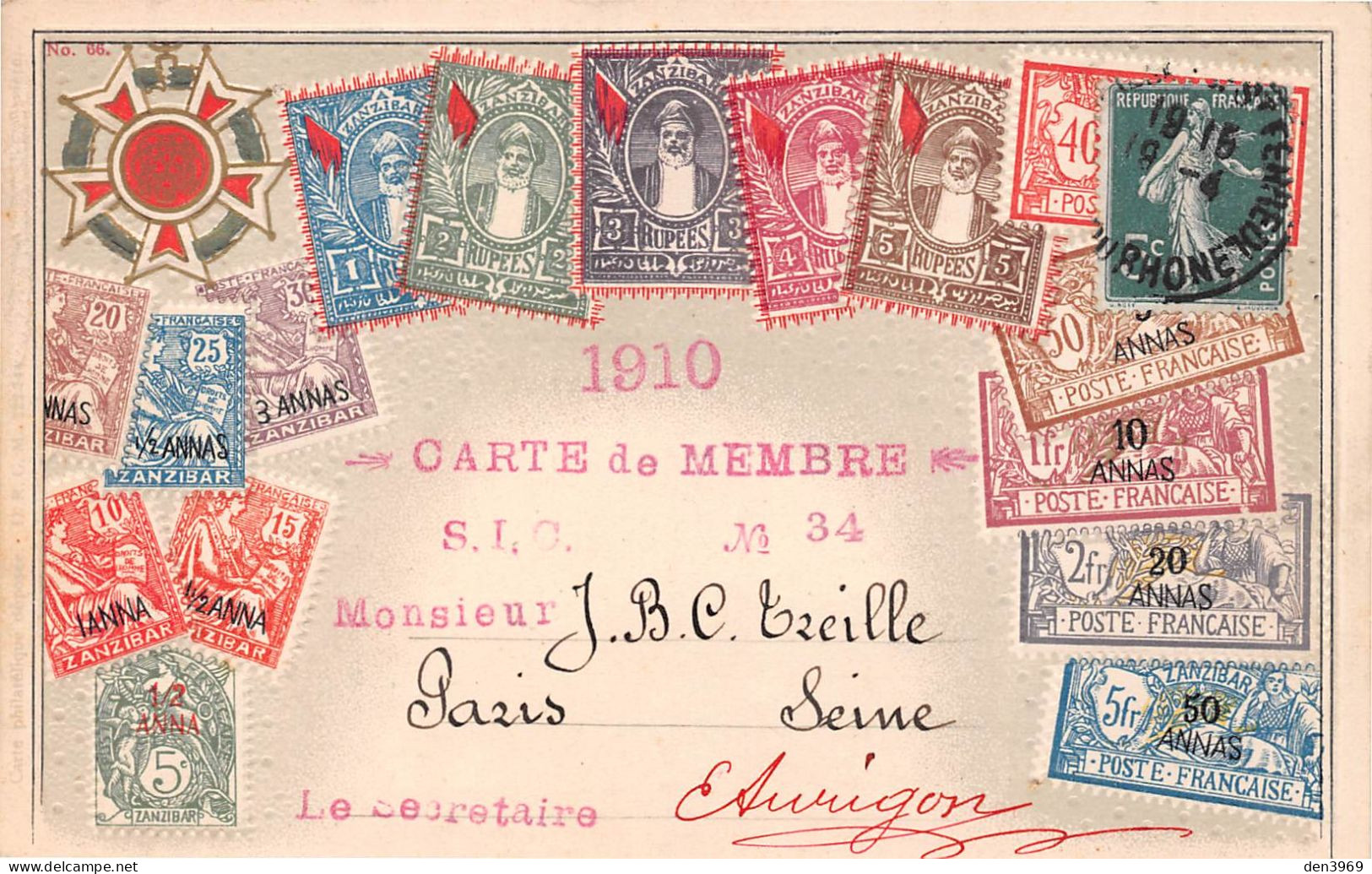 Afrique - Timbres ZANZIBAR - Carte De Membre 1910 Société Internationale Des Collectionneurs Marseille (2 Scans) - Tanzanía