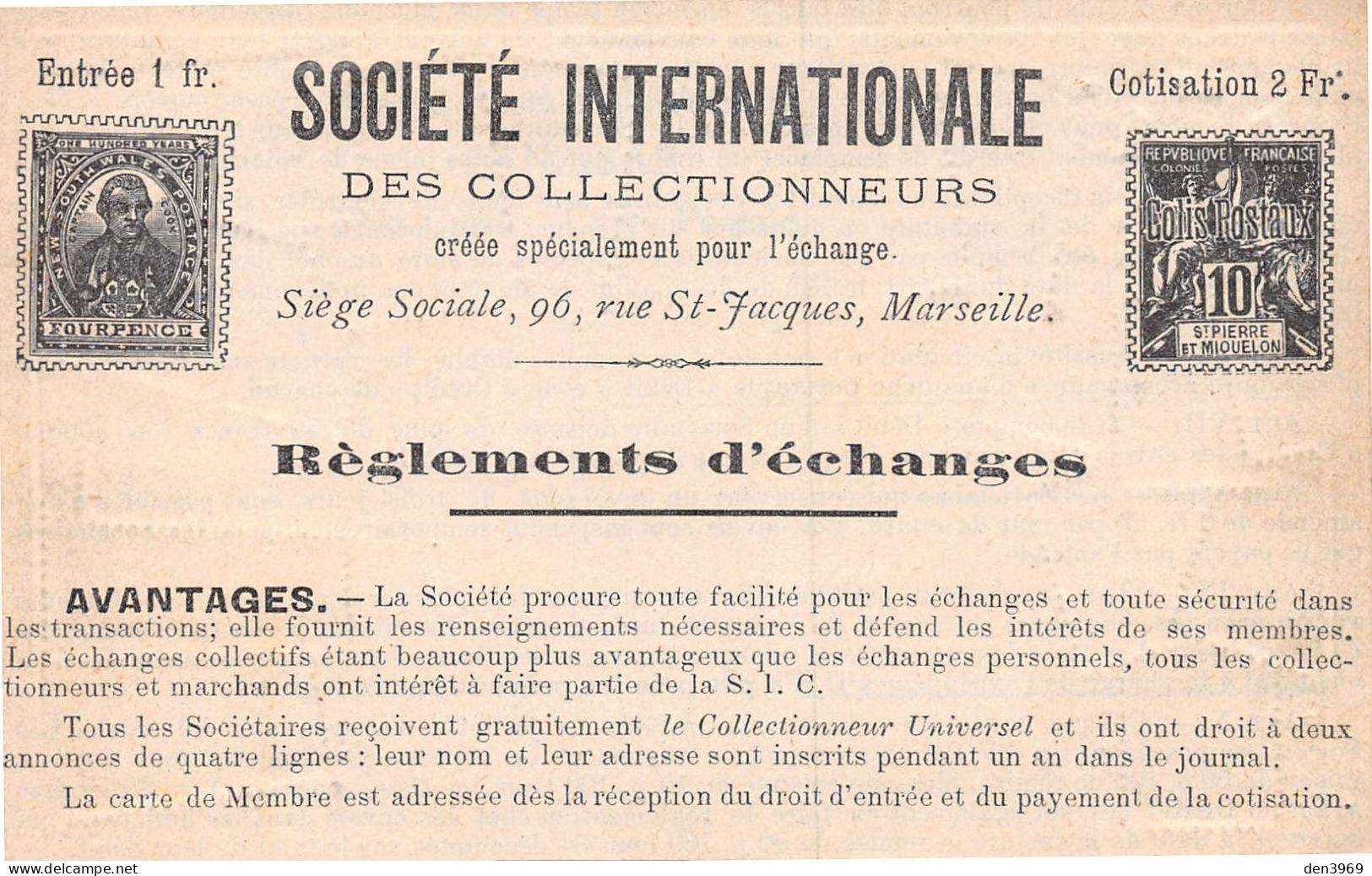 Afrique - Timbres ZANZIBAR - Carte De Membre 1910 Société Internationale Des Collectionneurs Marseille (2 Scans) - Tanzanie
