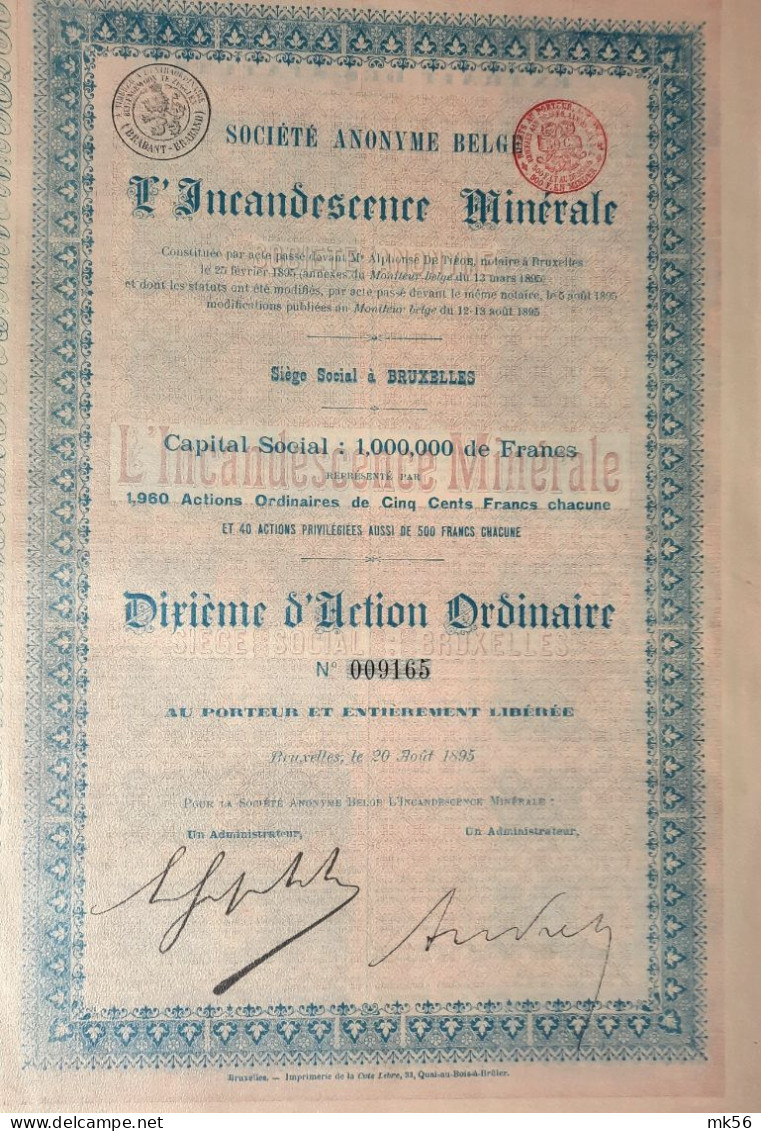 S.A. L'incandescence Minerale - 1895 - Bruxelles - 1/10 Act Ordinaire - Sonstige & Ohne Zuordnung