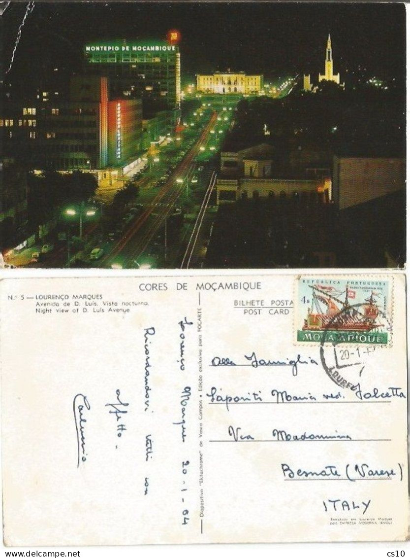 Mocambique Lourenco Marques Maputo Av.Luis - Night View - Color Pcard 20jan1964 With Ship 4$ Solo - Mosambik