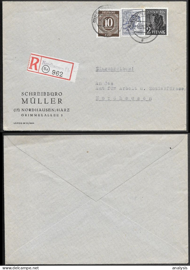 Germany Nordhausen Registered Cover Mailed 1947. 92Pf Rate. Kontrollrat Stamps - Lettres & Documents