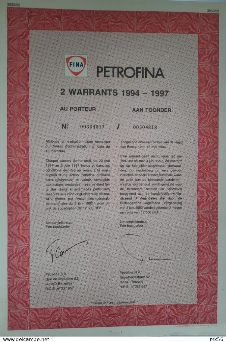 Petrofina - 2 Warrants 1994-1997- Brussel - Pétrole