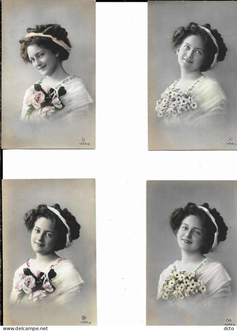 6 Cpa Buste De Femme Ed. MP 1069 N°1 à 6, Décor Du Corsage Rajouté à La Main, Timbres Allemands - Photographie