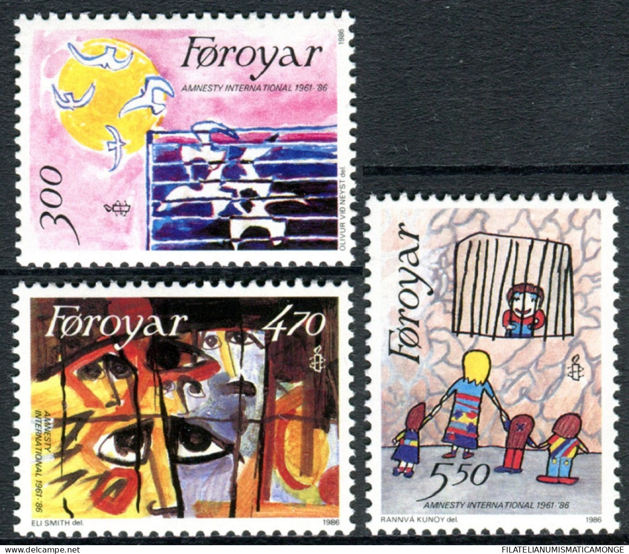 Feroe 1986 Correo 130/32 **/MNH 25 Aniv. Amnistía Internac. (3 Sellos)   - Faroe Islands