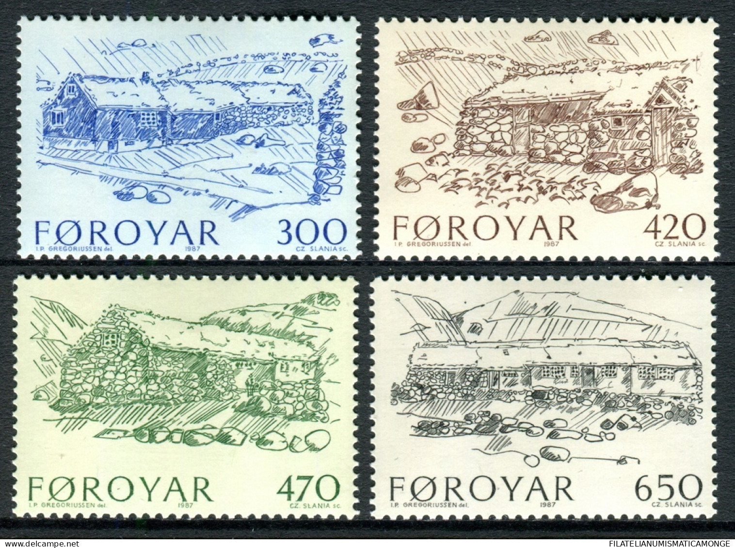 Feroe 1987 Correo 139/42 **/MNH Arquitectura Tradicional. Masias De Piedra (4 S - Faroe Islands