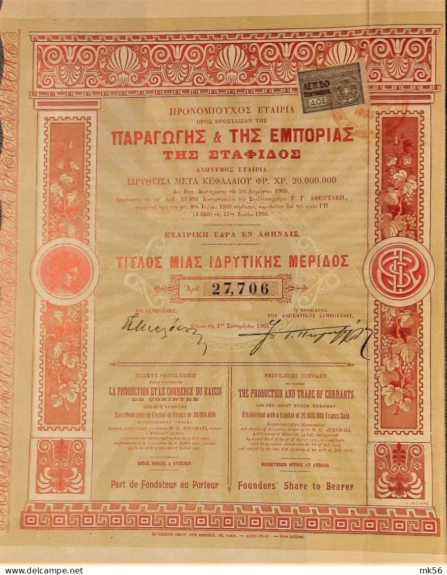 S.P. Pour Favoriser La Production Et Le Commerce Du Raisin De Corinthe (1905) (Athens) - Industrial