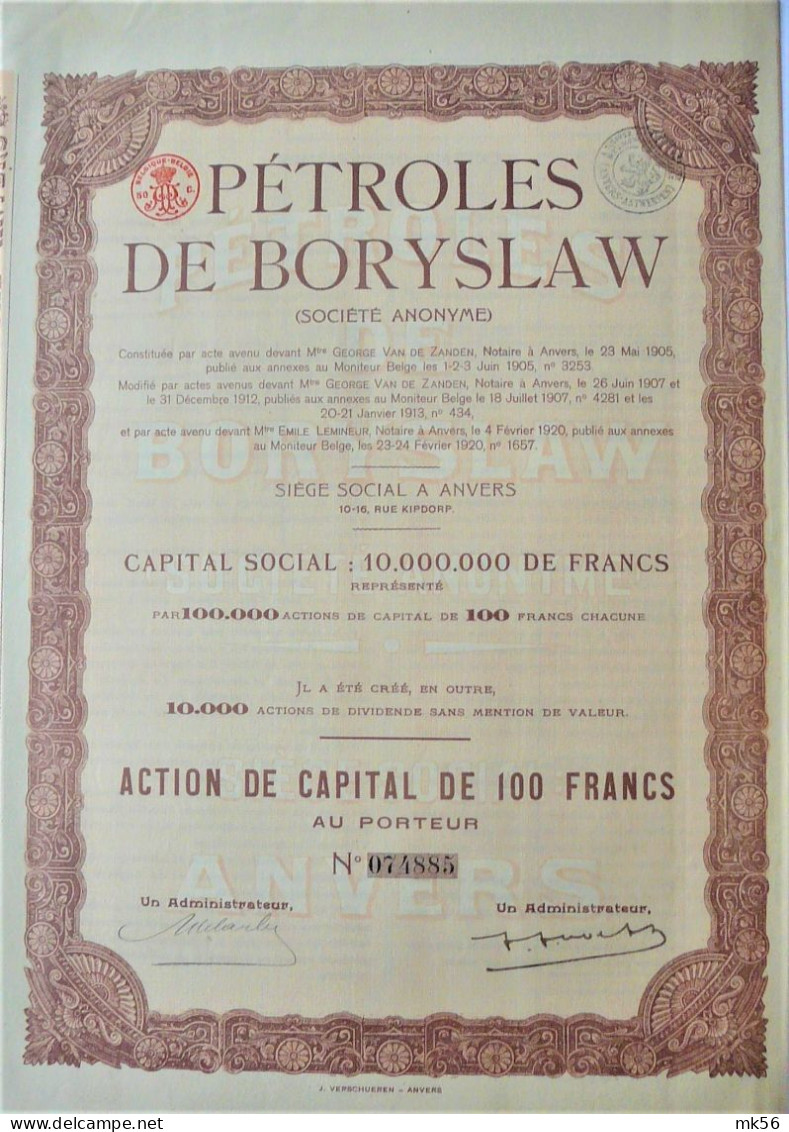Pétroles De Boryslaw - Act.de Capital De 100 Francs (1920) - Anvers - Erdöl